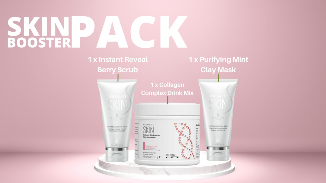 Herbalife Skin Booster Pack: Instant Reveal Berry Scrub, Collagen Complex Drink Mix, Purifying Clay Mask